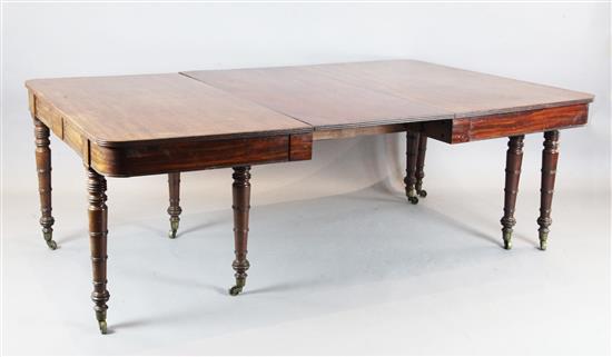 A large Regency mahogany extending dining table, extended 10ft 5.5in. W.4ft 5in. H.2ft 5in.